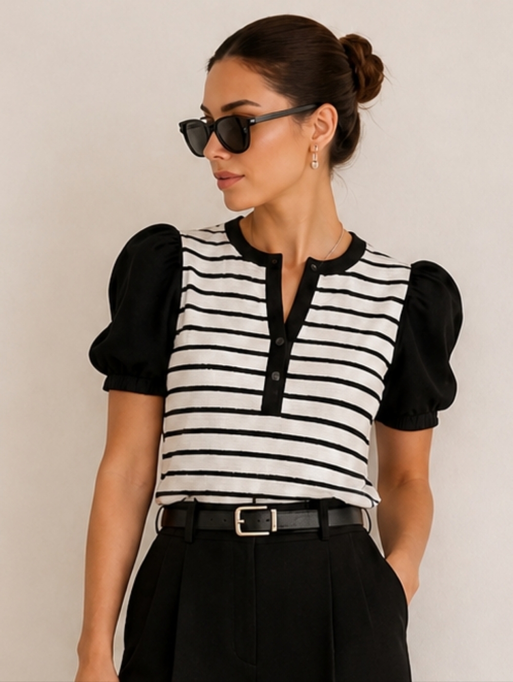 Bailey 44 Puff Sleeve Henley Top Black White Striped Ribbed Chic Size M